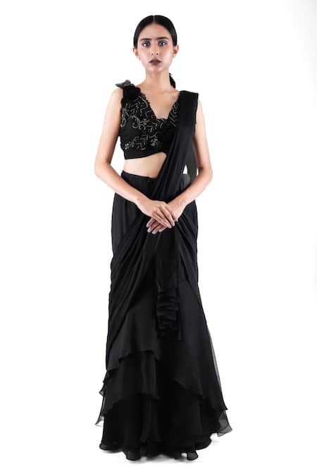 Shop_Pooja Kankariya_Black Silk Organza, Organza, Chiffon Pre-draped Layered Skirt Saree With Blouse _Online_at_Aza_Fashions
