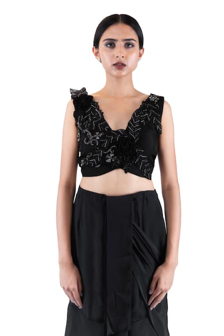 Pooja Kankariya_Black Silk Organza, Organza, Chiffon Pre-draped Layered Skirt Saree With Blouse _at_Aza_Fashions