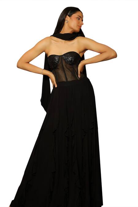 Shop Pooja Kankariya Black Tulle, Georgette Sequins Sweetheart Neck Corset Lehenga Set Shop_Pooja Kankariya_Black Tulle, Georgette Sequins Sweetheart Neck Corset Lehenga Set