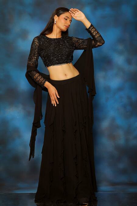 Buy Pooja Kankariya Black Tulle, Georgette Pearls, Tassels, Beads Round Ruffle Lehenga Blouse Set Online at Aza Fashions Buy_Pooja Kankariya_Black Tulle, Georgette Pearls, Tassels, Beads Round Ruffle Lehenga Blouse Set _Online_at_Aza_Fashions