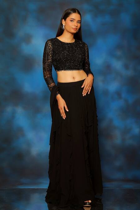 Shop Pooja Kankariya Black Tulle, Georgette Pearls, Tassels, Beads Round Ruffle Lehenga Blouse Set Online at Aza Fashions Shop_Pooja Kankariya_Black Tulle, Georgette Pearls, Tassels, Beads Round Ruffle Lehenga Blouse Set _Online_at_Aza_Fashions