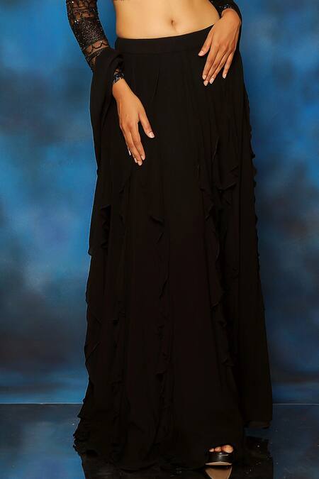 Pooja Kankariya Black Tulle, Georgette Pearls, Tassels, Beads Round Ruffle Lehenga Blouse Set at Aza Fashions Pooja Kankariya_Black Tulle, Georgette Pearls, Tassels, Beads Round Ruffle Lehenga Blouse Set _at_Aza_Fashions