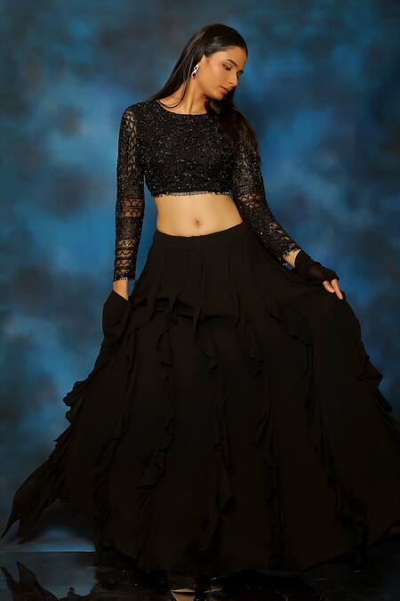 Buy Pooja Kankariya Black Tulle, Georgette Pearls, Tassels, Beads Round Ruffle Lehenga Blouse Set Buy_Pooja Kankariya_Black Tulle, Georgette Pearls, Tassels, Beads Round Ruffle Lehenga Blouse Set