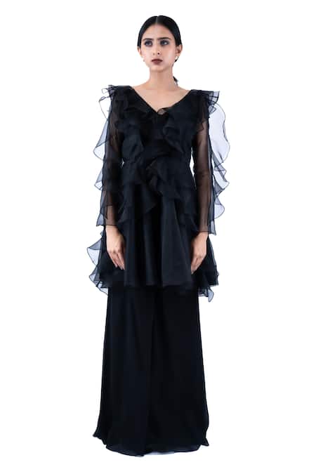 Pooja Kankariya Black Silk Organza Plain Broad V Neck Ruffle Top And Flared Pant Set 