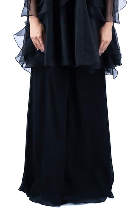 Pooja Kankariya Black Silk Organza Ruffles V-neck Top And Flared Pant Set Online at Aza Fashions Pooja Kankariya_Black Silk Organza Ruffles V-neck Top And Flared Pant Set _Online_at_Aza_Fashions