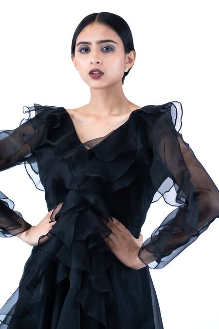 Buy Pooja Kankariya Black Silk Organza Ruffles V-neck Top And Flared Pant Set Online at Aza Fashions Buy_Pooja Kankariya_Black Silk Organza Ruffles V-neck Top And Flared Pant Set _Online_at_Aza_Fashions