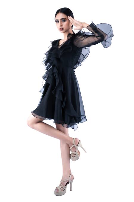 Shop Pooja Kankariya Black Silk Organza V-neck Ruffle V Dress Online at Aza Fashions Shop_Pooja Kankariya_Black Silk Organza V-neck Ruffle V Dress _Online_at_Aza_Fashions