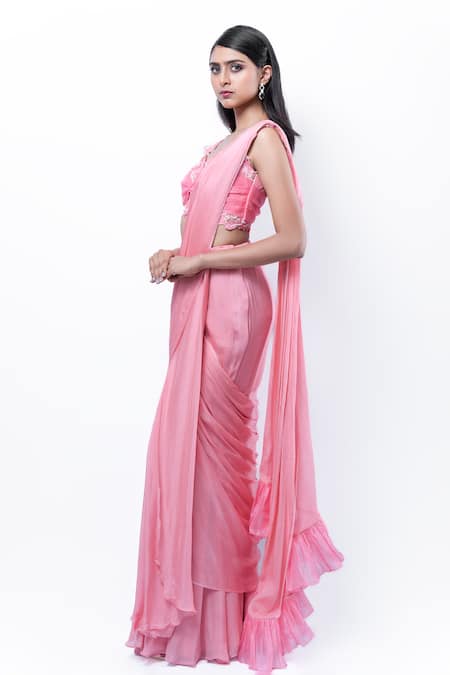 Pooja Kankariya_Pink Silk, Organza, Pre-draped Concept Skirt Saree With Embellished Blouse _Online_at_Aza_Fashions