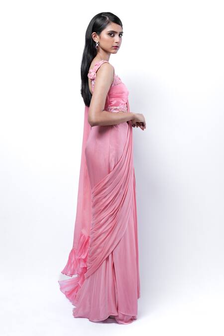 Buy_Pooja Kankariya_Pink Silk, Organza, Pre-draped Concept Skirt Saree With Embellished Blouse _Online_at_Aza_Fashions
