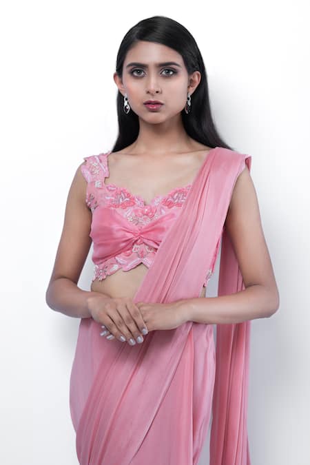 Shop_Pooja Kankariya_Pink Silk, Organza, Pre-draped Concept Skirt Saree With Embellished Blouse _Online_at_Aza_Fashions