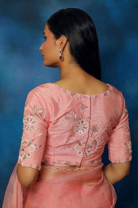 Buy_Pooja Kankariya_Pink Silk, Organza Pearls, Sequins, Scallop Border Embellished Saree With Blouse _Online_at_Aza_Fashions