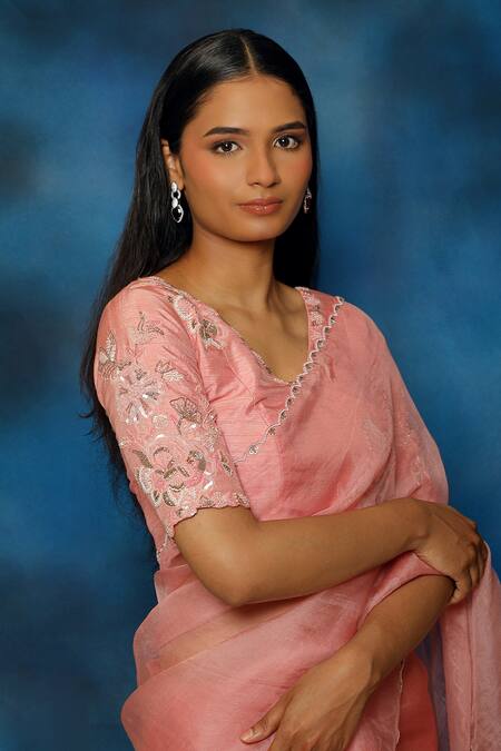 Shop_Pooja Kankariya_Pink Silk, Organza Pearls, Sequins, Scallop Border Embellished Saree With Blouse _Online_at_Aza_Fashions