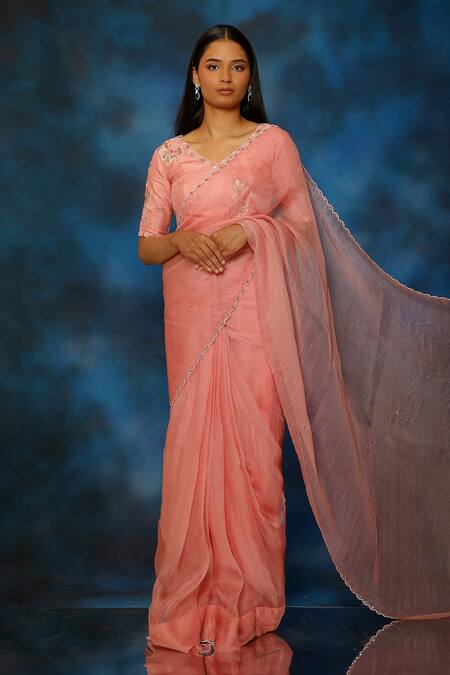 Pooja Kankariya_Pink Silk, Organza Pearls, Sequins, Scallop Border Embellished Saree With Blouse _at_Aza_Fashions