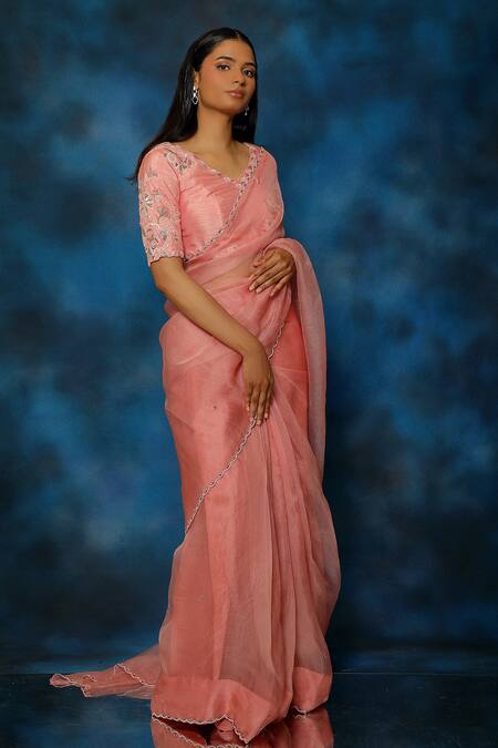 Buy_Pooja Kankariya_Pink Silk, Organza Pearls, Sequins, Scallop Border Embellished Saree With Blouse 