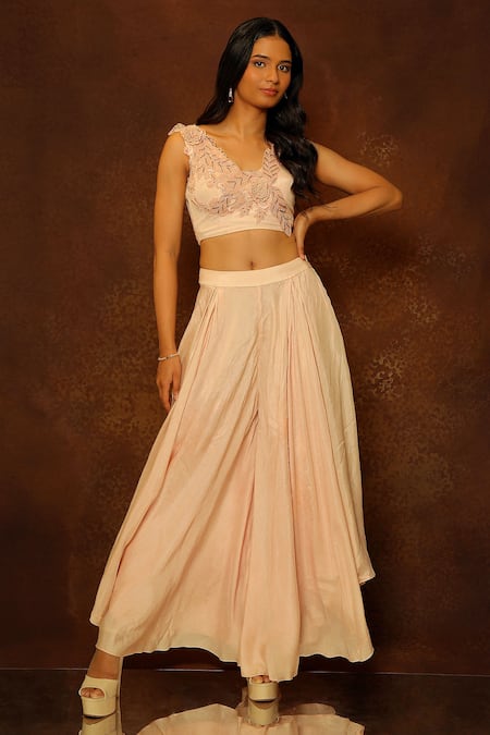 Pooja Kankariya Pink Organza Embellished Wire Cutwork Floral Applique Blouse And Draped Skirt Set 