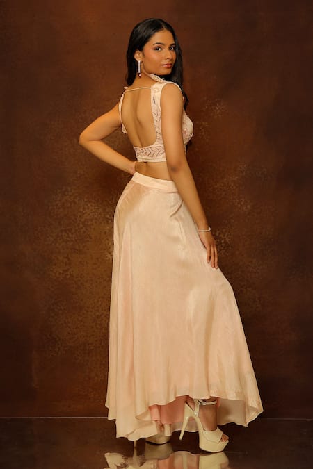 Shop Pooja Kankariya Pink Silk, Organza Floral Applique Embellished Blouse And Draped Skirt Set Online at Aza Fashions Shop_Pooja Kankariya_Pink Silk, Organza Floral Applique Embellished Blouse And Draped Skirt Set _Online_at_Aza_Fashions