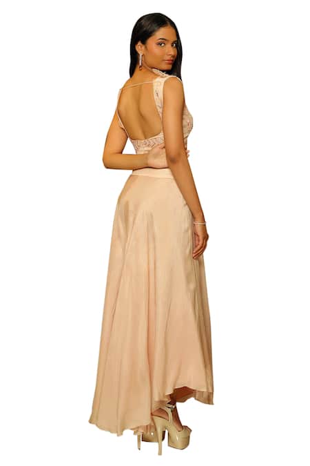 Pooja Kankariya Pink Silk, Organza Floral Applique Embellished Blouse And Draped Skirt Set at Aza Fashions Pooja Kankariya_Pink Silk, Organza Floral Applique Embellished Blouse And Draped Skirt Set _at_Aza_Fashions