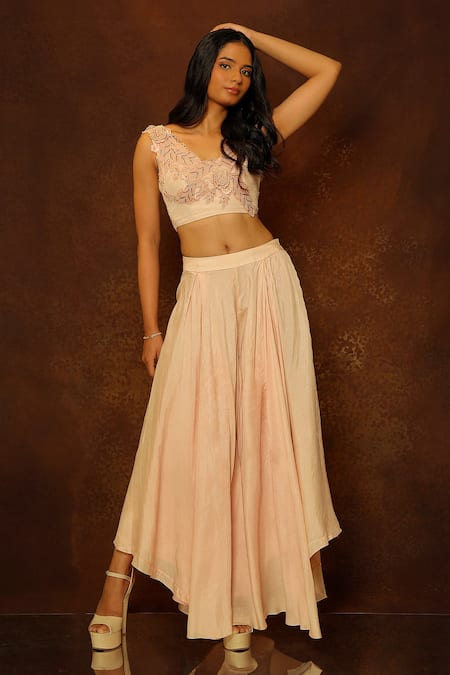 Shop Pooja Kankariya Pink Silk, Organza Floral Applique Embellished Blouse And Draped Skirt Set Shop_Pooja Kankariya_Pink Silk, Organza Floral Applique Embellished Blouse And Draped Skirt Set
