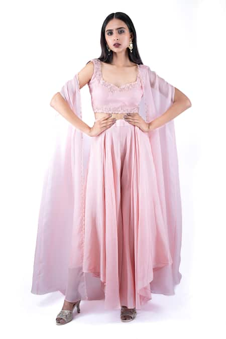 Pooja Kankariya Pink Silk Organza Embellished Bead Cape Open Border Draped Pant Set 