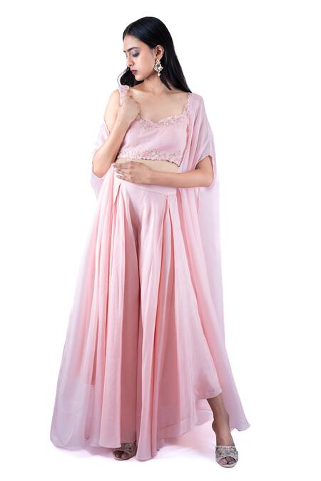 Pooja Kankariya Pink Silk Organza Pearls, Sequins, Beads Border Embellished Cape Draped Pant Set at Aza Fashions Pooja Kankariya_Pink Silk Organza Pearls, Sequins, Beads Border Embellished Cape Draped Pant Set _at_Aza_Fashions