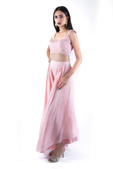 Buy Pooja Kankariya Pink Silk Organza Pearls, Sequins, Beads Border Embellished Cape Draped Pant Set Buy_Pooja Kankariya_Pink Silk Organza Pearls, Sequins, Beads Border Embellished Cape Draped Pant Set