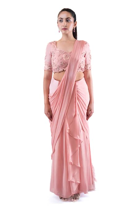 Pooja Kankariya_Pink Organza, Pre-draped Concept Skirt Saree With Floral Embellished Blouse _Online_at_Aza_Fashions