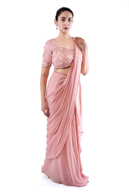 Buy_Pooja Kankariya_Pink Organza, Pre-draped Concept Skirt Saree With Floral Embellished Blouse _Online_at_Aza_Fashions