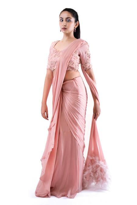 Shop_Pooja Kankariya_Pink Organza, Pre-draped Concept Skirt Saree With Floral Embellished Blouse _Online_at_Aza_Fashions