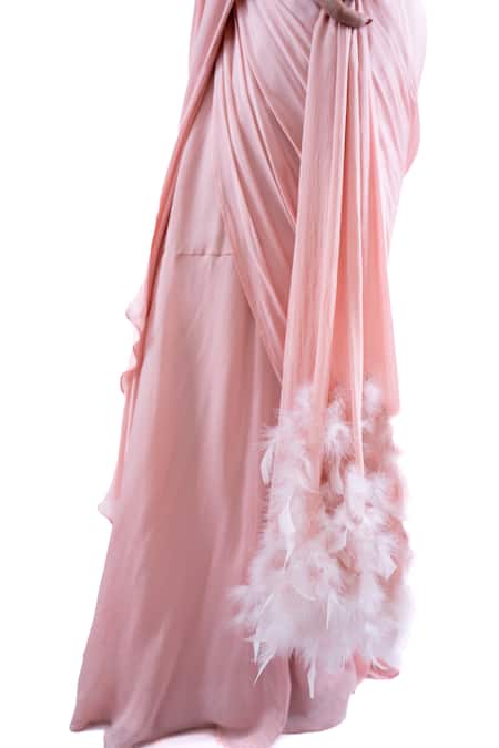 Pooja Kankariya_Pink Organza, Pre-draped Concept Skirt Saree With Floral Embellished Blouse _at_Aza_Fashions