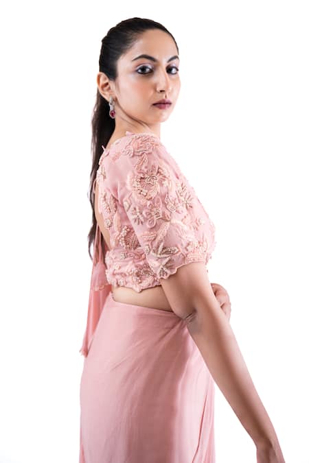 Buy_Pooja Kankariya_Pink Organza, Pre-draped Concept Skirt Saree With Floral Embellished Blouse 