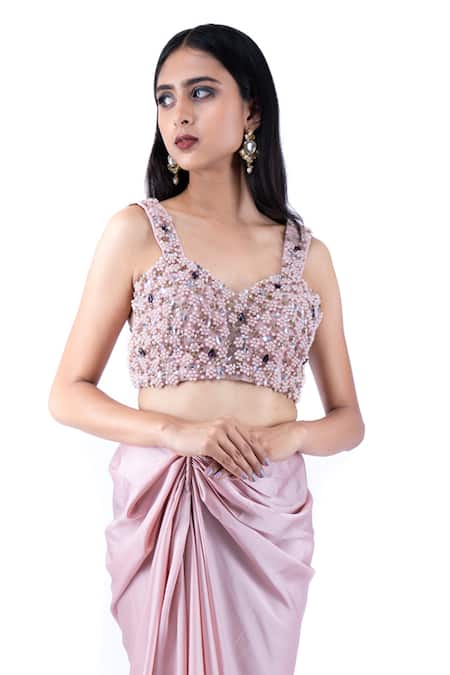 Pooja Kankariya_Pink Tulle, Crepe, Satin Pearls, Sequins, Embellished Bustier And Draped Skirt Set _Online_at_Aza_Fashions
