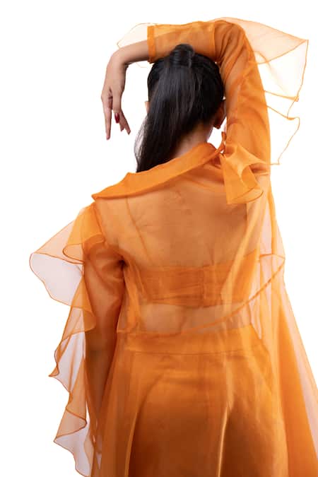 Pooja Kankariya Orange Lycra, Organza Ruffles Sweetheart , Open Sheer Jacket Pant Set Online at Aza Fashions Pooja Kankariya_Orange Lycra, Organza Ruffles Sweetheart , Open Sheer Jacket Pant Set _Online_at_Aza_Fashions