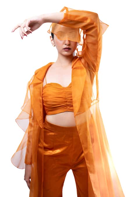 Buy Pooja Kankariya Orange Lycra, Organza Ruffles Sweetheart , Open Sheer Jacket Pant Set Online at Aza Fashions Buy_Pooja Kankariya_Orange Lycra, Organza Ruffles Sweetheart , Open Sheer Jacket Pant Set _Online_at_Aza_Fashions