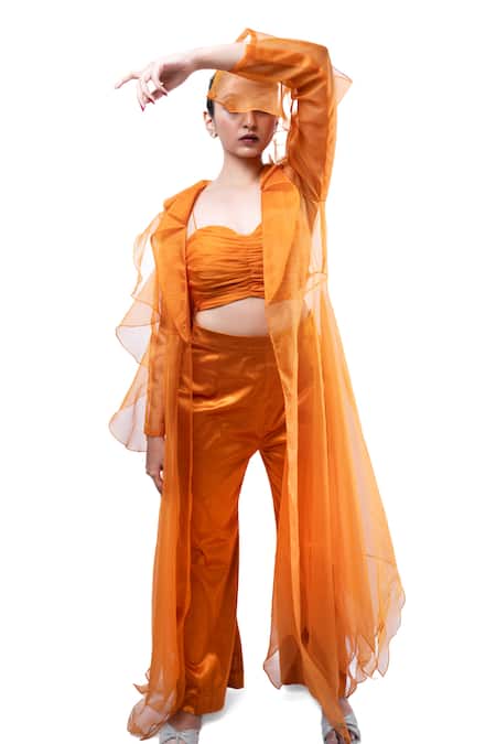 Shop Pooja Kankariya Orange Lycra, Organza Ruffles Sweetheart , Open Sheer Jacket Pant Set Online at Aza Fashions Shop_Pooja Kankariya_Orange Lycra, Organza Ruffles Sweetheart , Open Sheer Jacket Pant Set _Online_at_Aza_Fashions