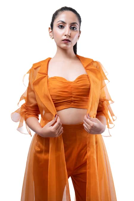 Pooja Kankariya Orange Lycra, Organza Ruffles Sweetheart , Open Sheer Jacket Pant Set at Aza Fashions Pooja Kankariya_Orange Lycra, Organza Ruffles Sweetheart , Open Sheer Jacket Pant Set _at_Aza_Fashions