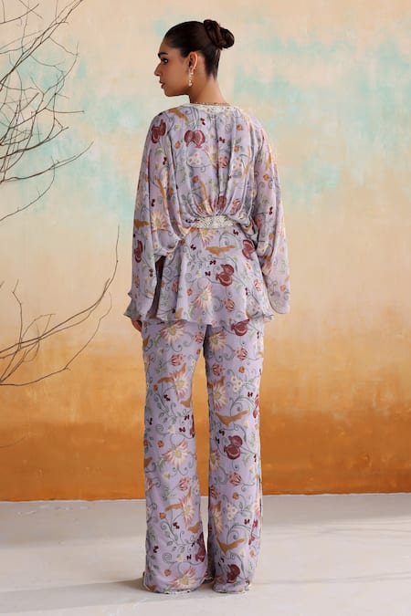 Seema Thukral Purple Georgette, Satin Pearls, Viola Floral Print Draped Top With Slit Pant Online at Aza Fashions Seema Thukral_Purple Georgette, Satin Pearls, Viola Floral Print Draped Top With Slit Pant _Online_at_Aza_Fashions