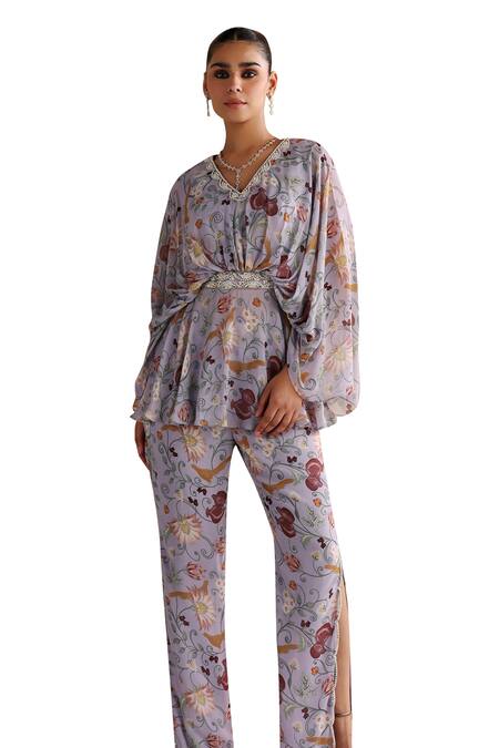Shop Seema Thukral Purple Georgette, Satin Pearls, Viola Floral Print Draped Top With Slit Pant Online at Aza Fashions Shop_Seema Thukral_Purple Georgette, Satin Pearls, Viola Floral Print Draped Top With Slit Pant _Online_at_Aza_Fashions
