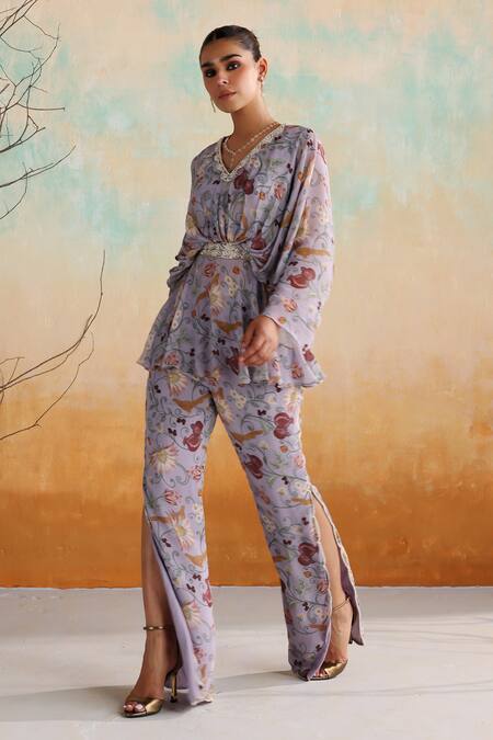 Seema Thukral Purple Georgette, Satin Pearls, Viola Floral Print Draped Top With Slit Pant at Aza Fashions Seema Thukral_Purple Georgette, Satin Pearls, Viola Floral Print Draped Top With Slit Pant _at_Aza_Fashions