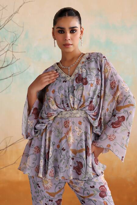 Buy Seema Thukral Purple Georgette, Satin Pearls, Viola Floral Print Draped Top With Slit Pant Buy_Seema Thukral_Purple Georgette, Satin Pearls, Viola Floral Print Draped Top With Slit Pant