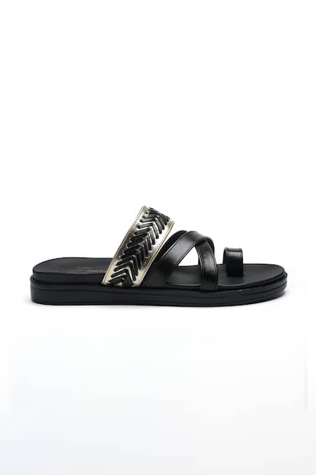Nidhi Bhandari_Black Metallic Cross Strap Flats _Online_at_Aza_Fashions