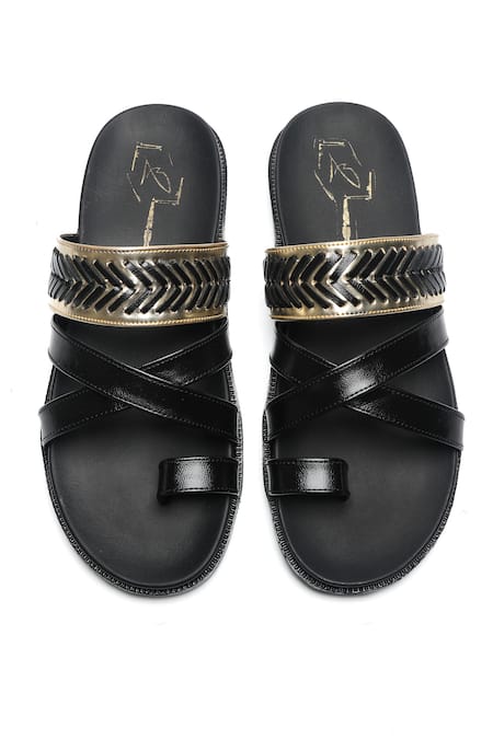 Shop_Nidhi Bhandari_Black Metallic Cross Strap Flats _at_Aza_Fashions