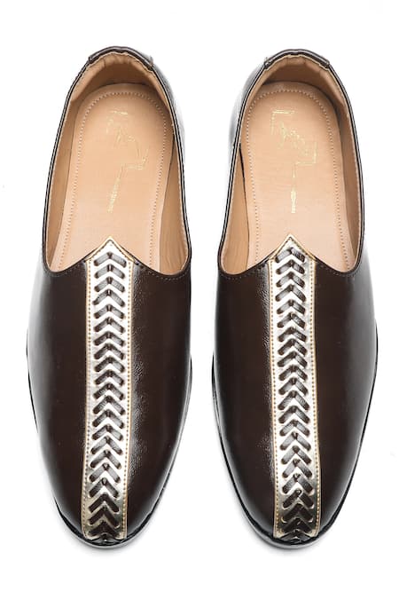 Shop_Nidhi Bhandari_Brown Leather Embroidered Mojiri _at_Aza_Fashions
