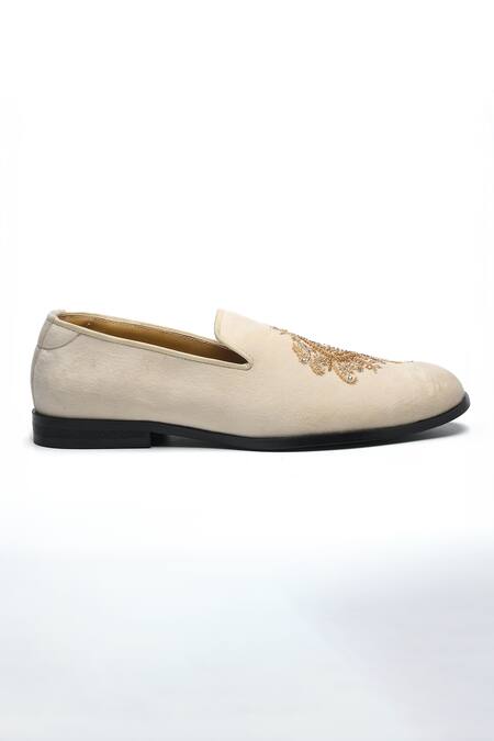 Nidhi Bhandari_Beige Suede Embroidered Moccasins _Online_at_Aza_Fashions