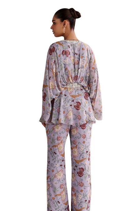 Shop Seema Thukral Purple Georgette, Satin Pearls, Viola Floral Print Draped Top With Slit Pant Shop_Seema Thukral_Purple Georgette, Satin Pearls, Viola Floral Print Draped Top With Slit Pant