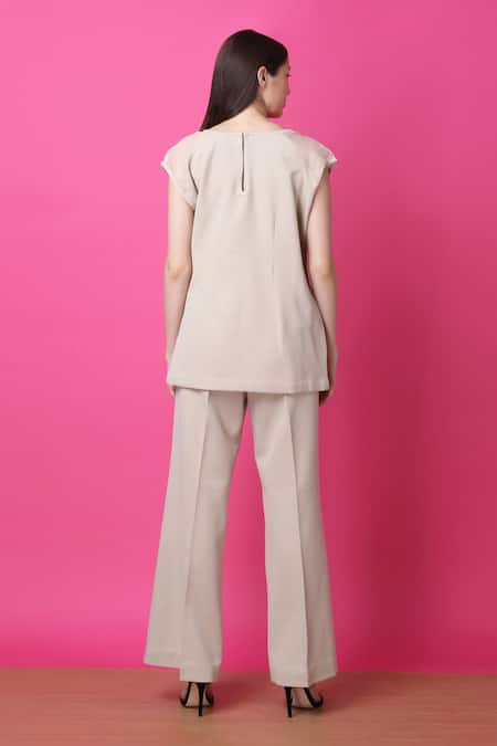 Manish Nagdeo Beige Butterfly Embroidered Top & Pant Set For Kids