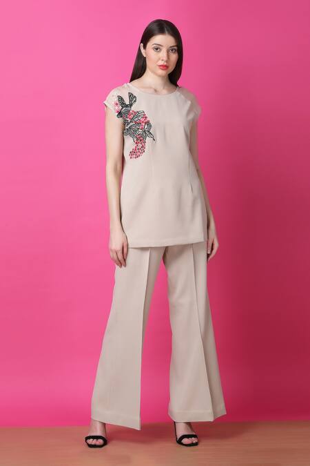 Buy Manish Nagdeo Beige Crepe Embroidery Butterfly Top And Pant Set For Kids Online at Aza Fashions Buy_Manish Nagdeo_Beige Crepe Embroidery Butterfly Top And Pant Set For Kids_Online_at_Aza_Fashions