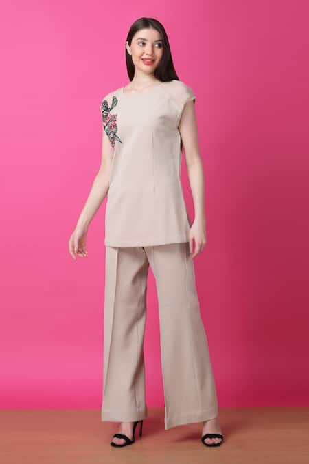 Shop Manish Nagdeo Beige Crepe Embroidery Butterfly Top And Pant Set For Kids Online at Aza Fashions Shop_Manish Nagdeo_Beige Crepe Embroidery Butterfly Top And Pant Set For Kids_Online_at_Aza_Fashions