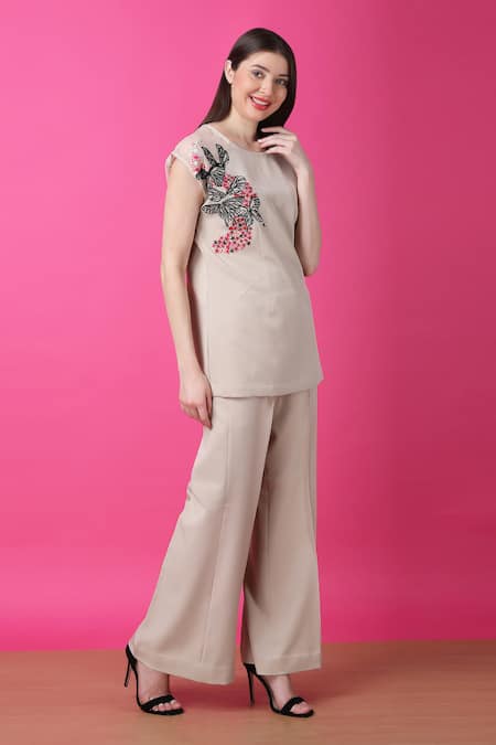 Buy Manish Nagdeo Beige Crepe Embroidery Butterfly Top And Pant Set For Kids Buy_Manish Nagdeo_Beige Crepe Embroidery Butterfly Top And Pant Set For Kids