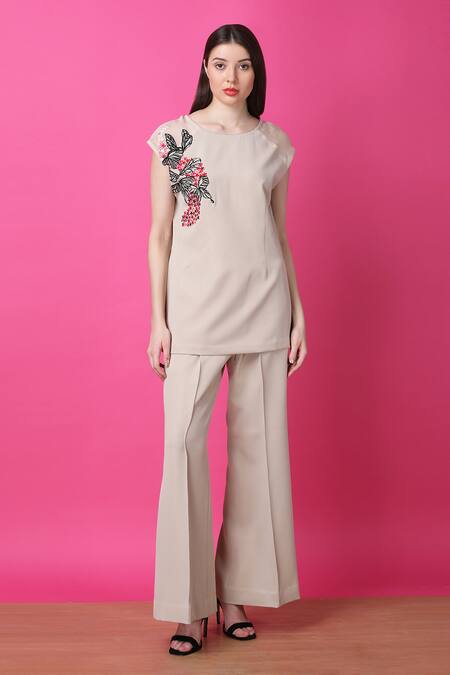 Shop Manish Nagdeo Beige Crepe Embroidery Butterfly Top And Pant Set For Kids Shop_Manish Nagdeo_Beige Crepe Embroidery Butterfly Top And Pant Set For Kids