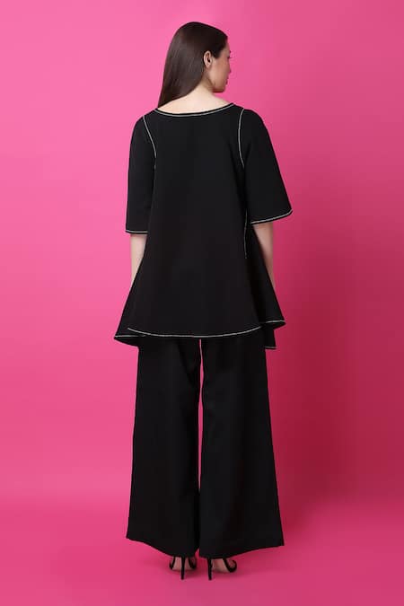 Manish Nagdeo Floral Print Black Top & Wide Leg Pant Set For Kids